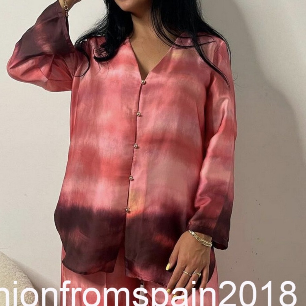 Zara Pink and Brown Ombre tie dye v neck Blouse